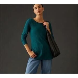 Anthropologie Women's Teal Ribbed Knit Side Slit Tunic Top Size Small